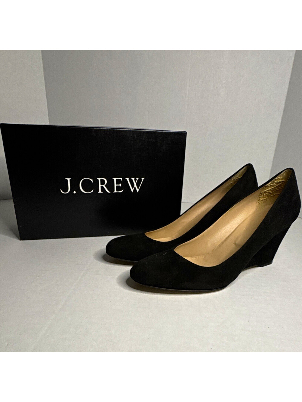 J.Crew Italian Black Suede Wedge Pump Heels Almond Toe Slip-On Logo Womens 9.5